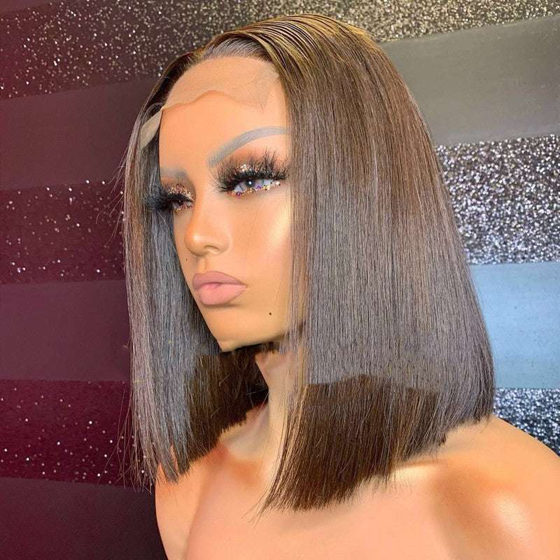 Short Hair European style mid-shoulder straight bob wig with long bangs and natural look