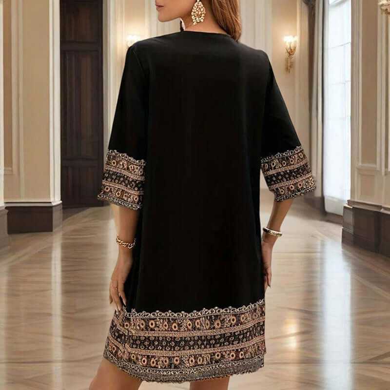 Women's V-neck Middle Eastern style floral print midi dress with elegant sleeve design in lightweight polyester