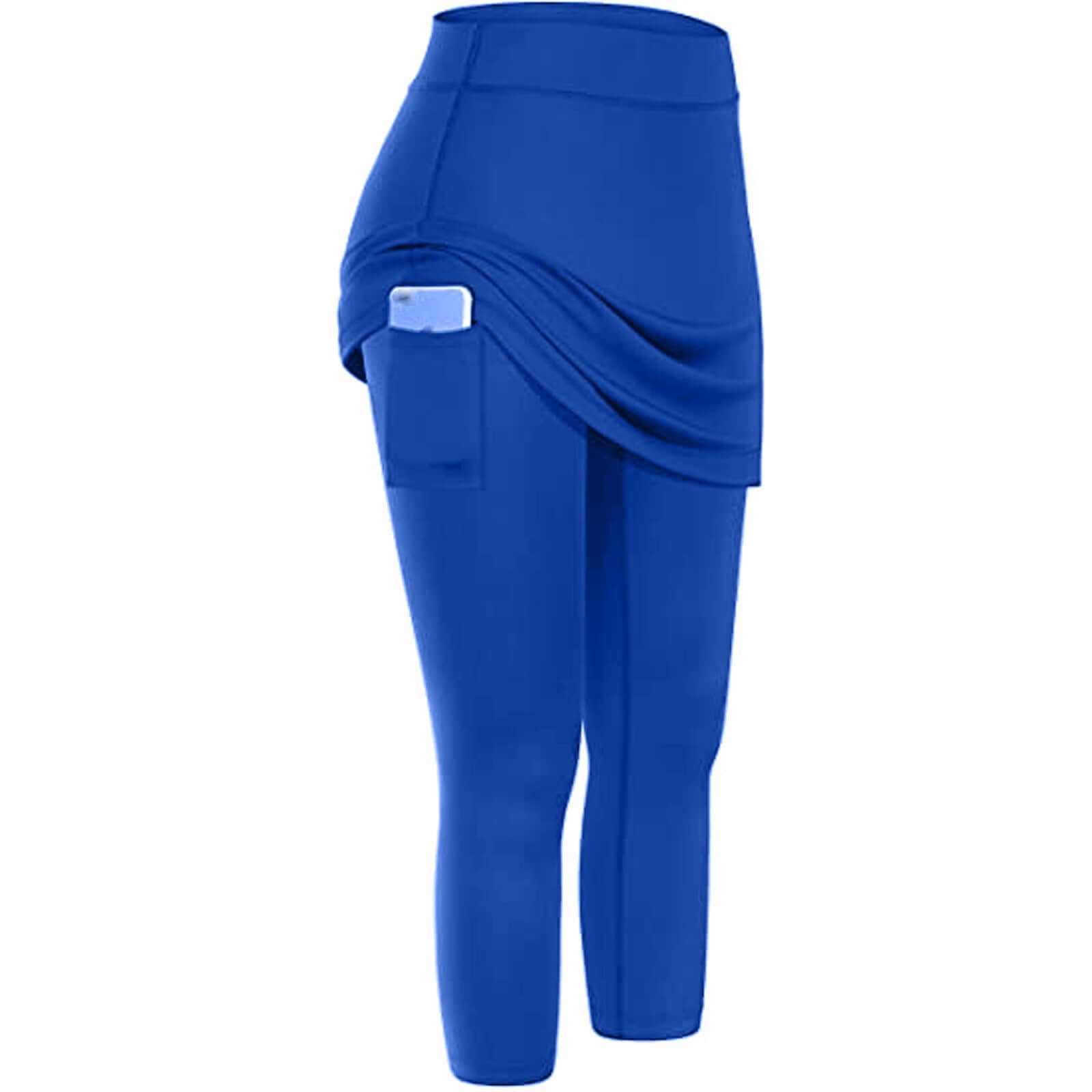Blue women's yoga leggings with side pocket for phone, moisture-wicking fitness wear