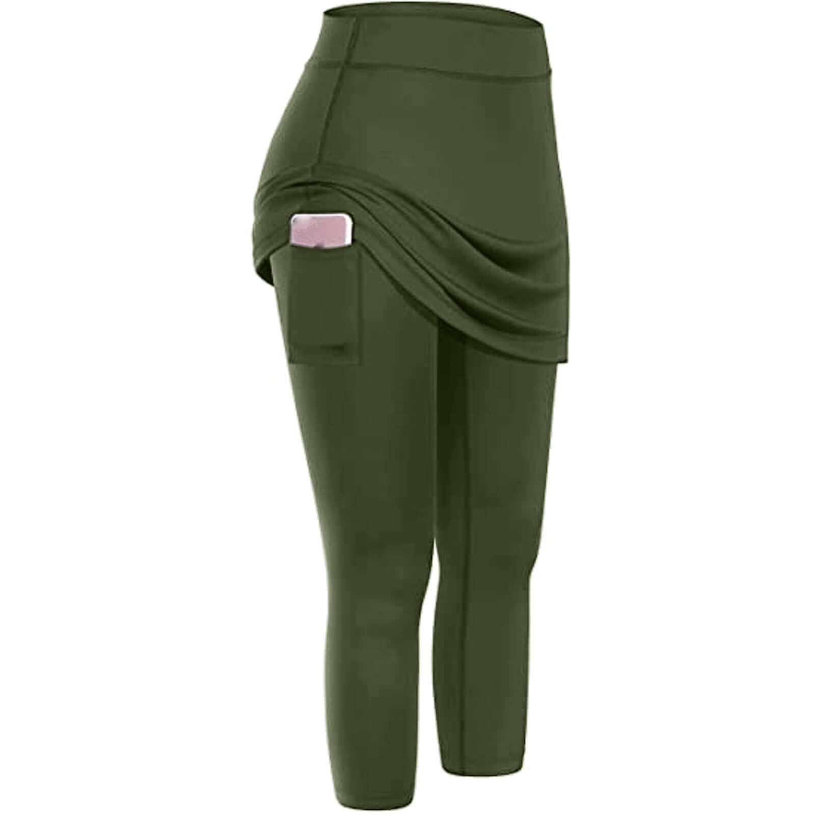 Olive green women's yoga leggings with side pocket and moisture-wicking fabric