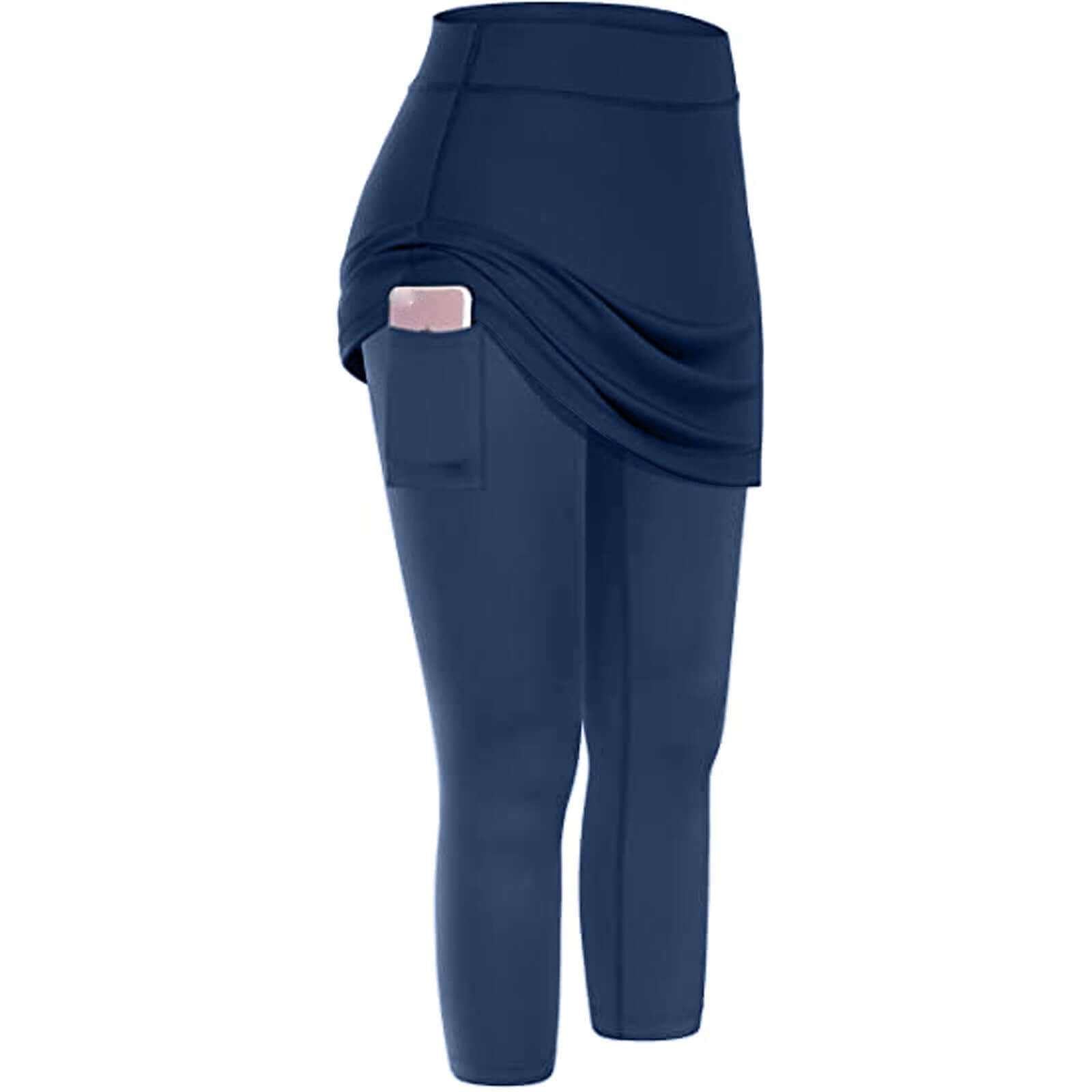 Women's yoga leggings with pockets in navy blue, moisture-wicking, tight fit, over-hip length fitness wear