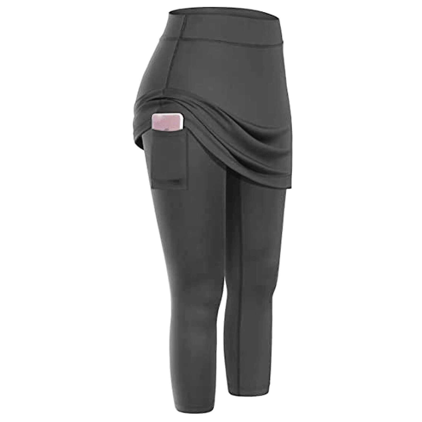 Black women's yoga leggings with side pocket and attached skirt, moisture-wicking fitness wear