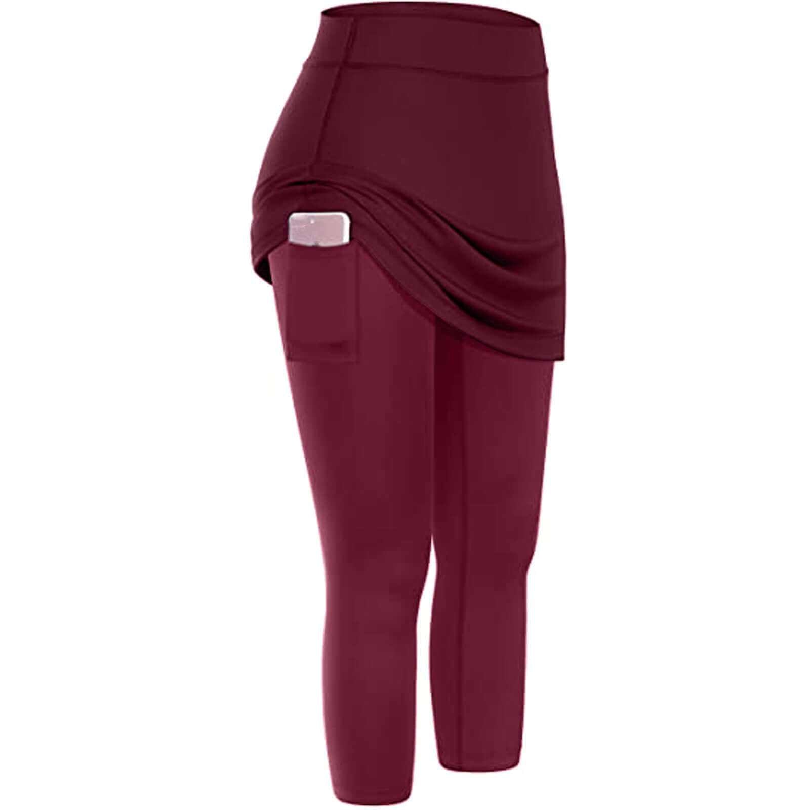 Women's yoga leggings in wine red with pockets, high-waisted, moisture-wicking fitness wear