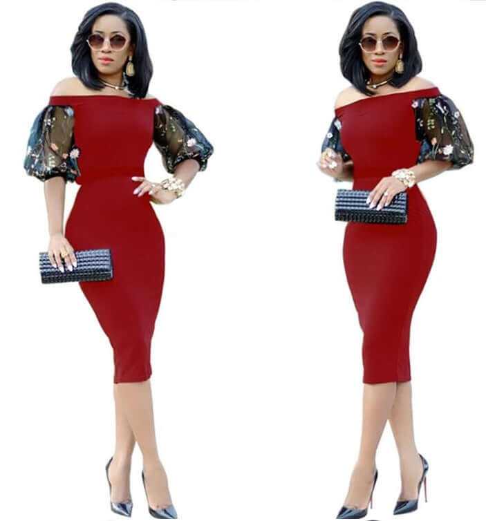 Elegant red off-shoulder party dress with sheer puff sleeves, perfect for women attending special occasions.