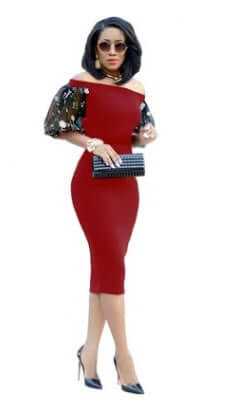 Elegant off-shoulder red party dress for women with unique sleeve design, perfect for formal occasions.