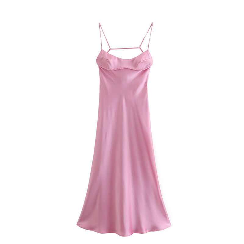 Elegant pink satin long dress with sleeveless design and skinny straps, perfect for summer holidays and parties.