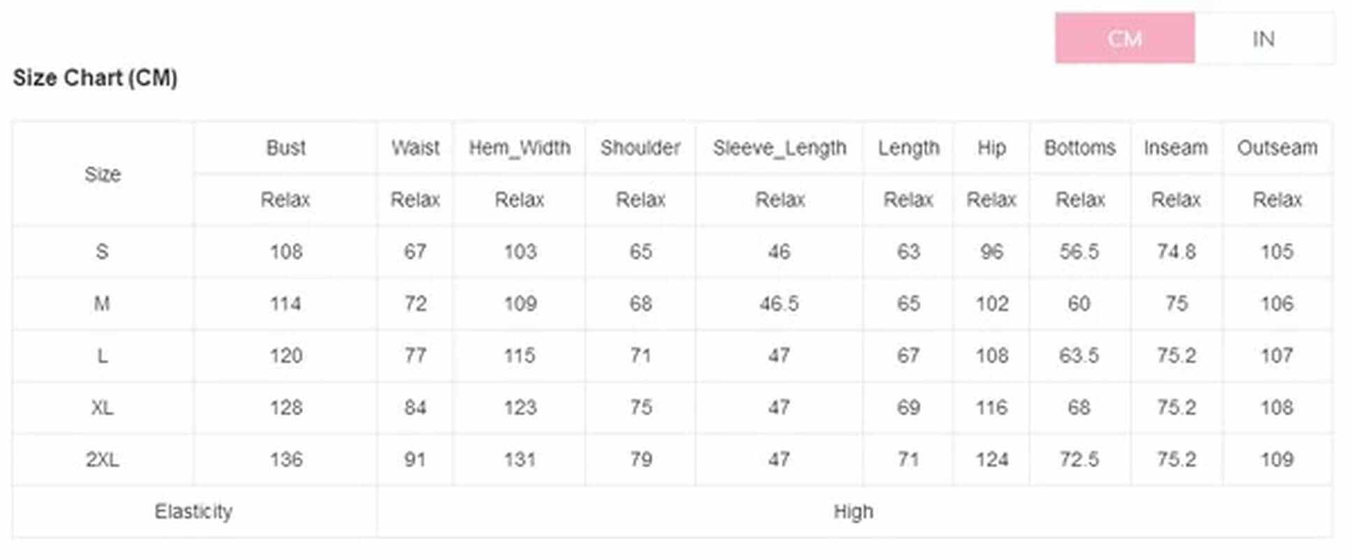 Size chart in centimeters for women’s ribbed knit V neck two-piece outfit, detailing measurements for sizes S to 2XL.