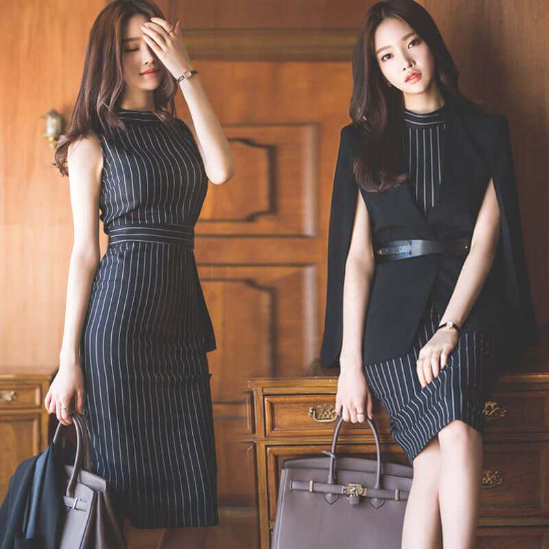 Two women modeling stylish black pinstriped dresses, ideal for autumn office and spring occasions, showcasing elegance.