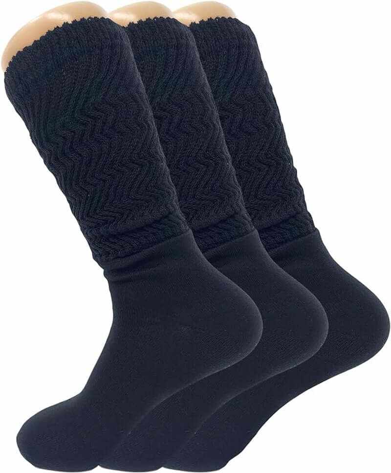 Set of 3 women's slouch knee high socks in black, featuring a zigzag texture and soft, breathable fabric.
