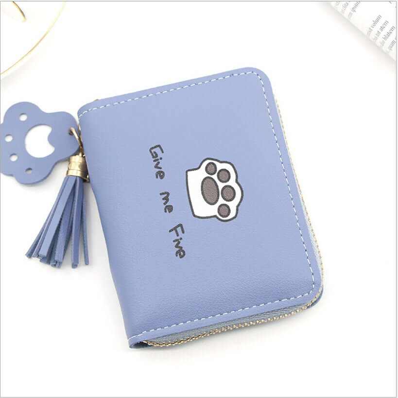 Women Small Zipper Wallet in blue with cat paw design and tassel, playful and functional accessory for cat lovers.
