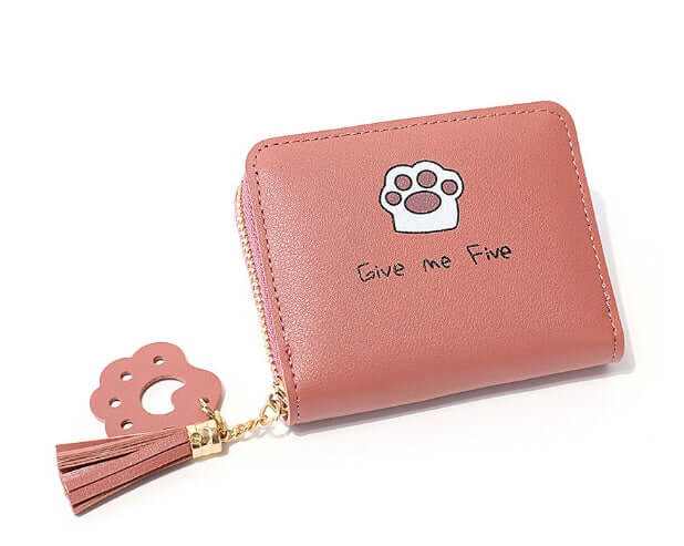 Cute cat paw wallet in pink with a tassel, featuring 'Give me Five' text, perfect for cat lovers.