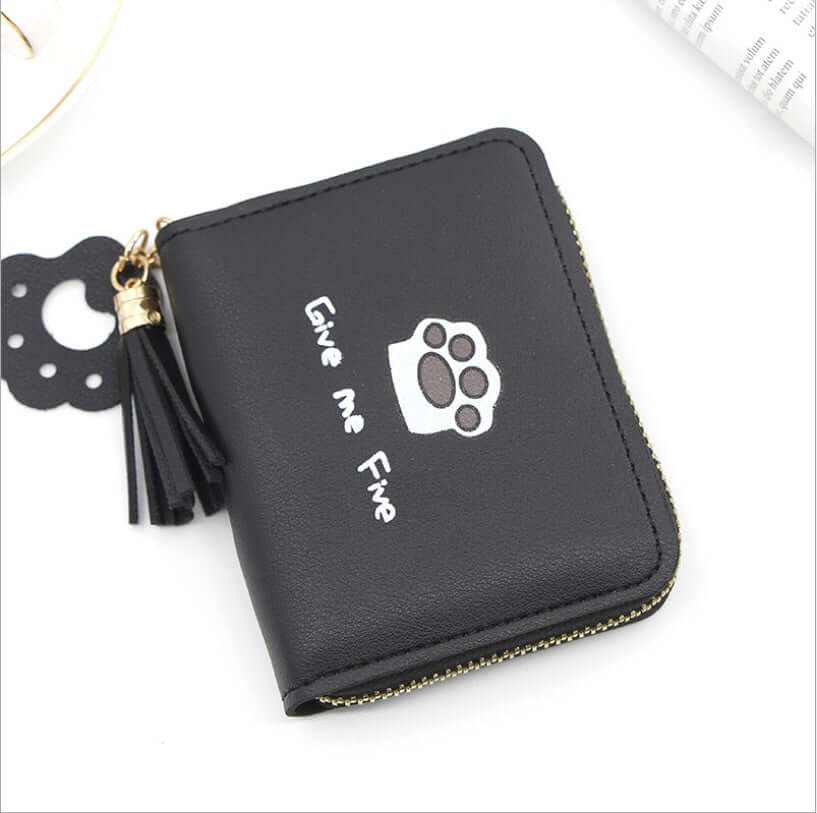 Cute cat paw zipper wallet for women in black with tassel and playful 'Give me Five' print.