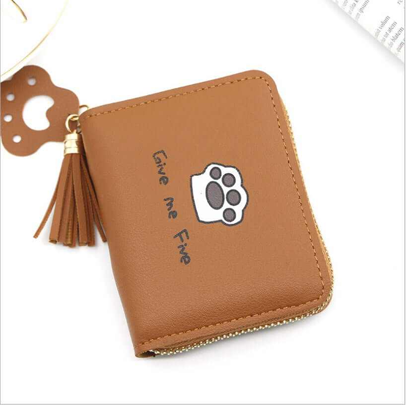 Cute brown cat paw zipper wallet with tassel and 'Give me Five' design for stylish cat lovers.