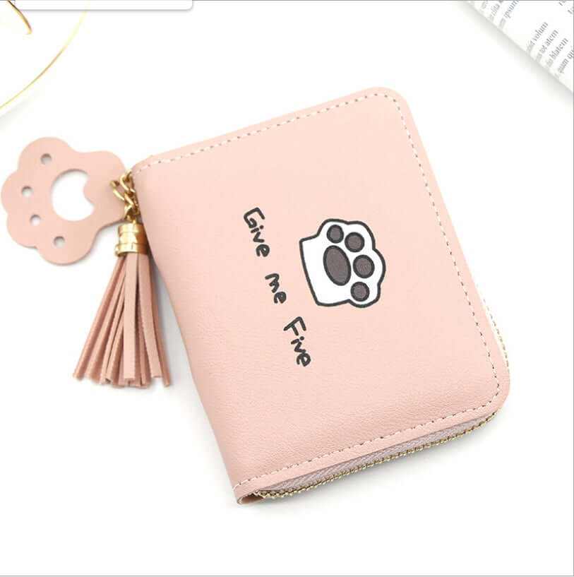 Cute pink cat paw wallet with tassel and 'Give me Five' print, perfect for cat lovers and stylish everyday use.