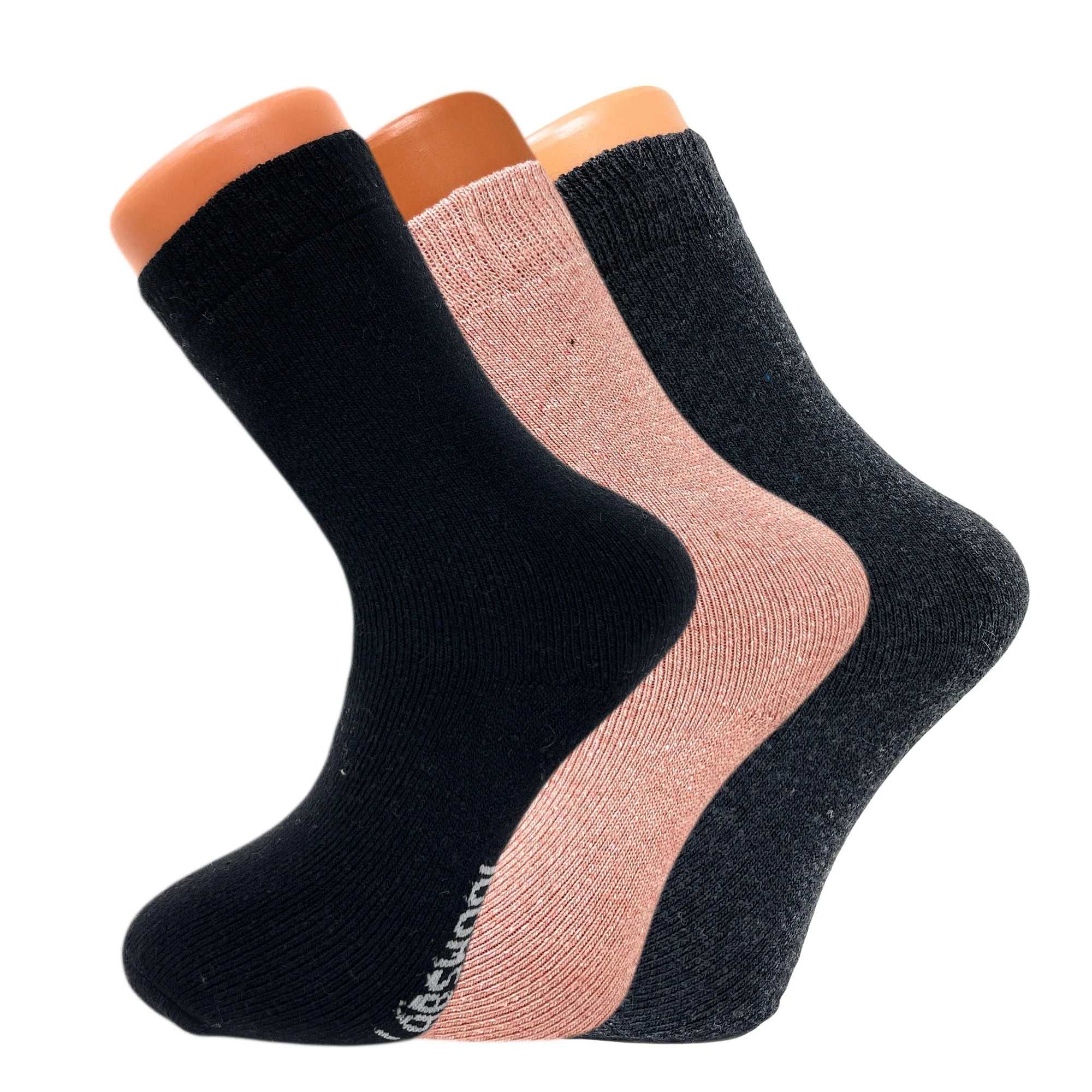3 pairs of women's thermal wool crew socks in black, peach, and dark gray, soft, breathable, and warm for winter, fits US shoe sizes 5-7