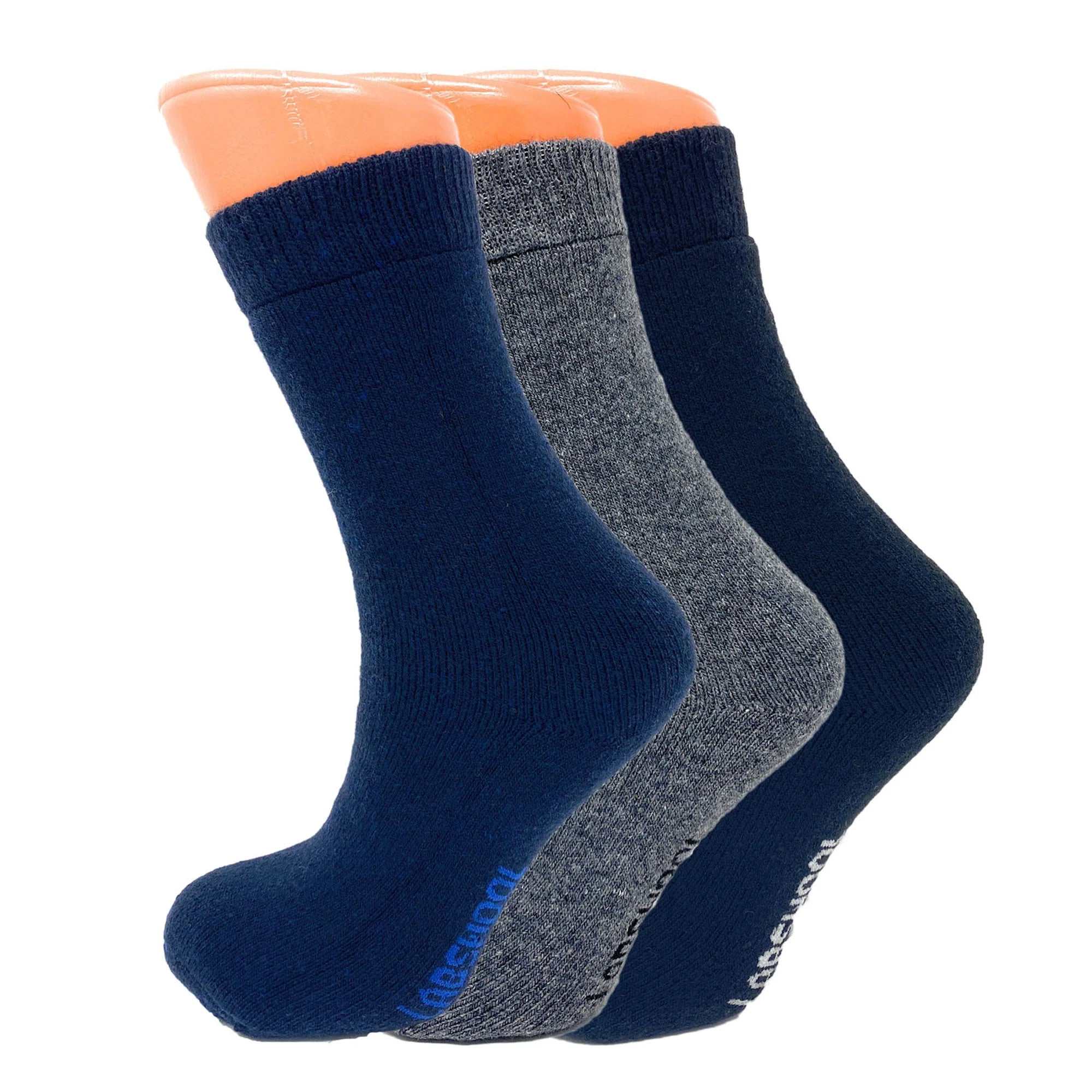 3 pairs women's thermal wool crew socks in navy and gray, soft, breathable, and warm, size 5-7