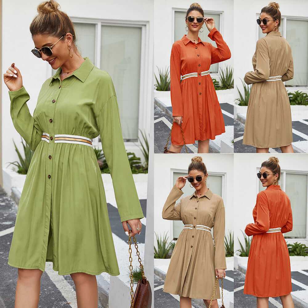 Stylish summer dresses for women, featuring lapel collars and A-line skirts in green, orange, and beige.