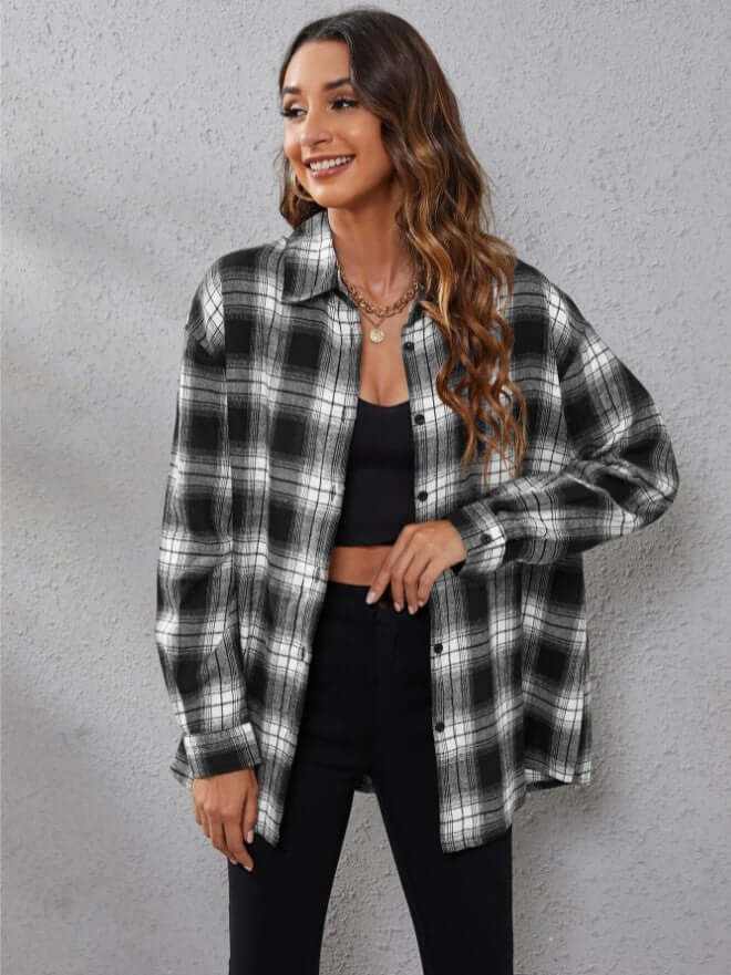 Women's casual jacket long sleeve black and white plaid shirt polyester fabric