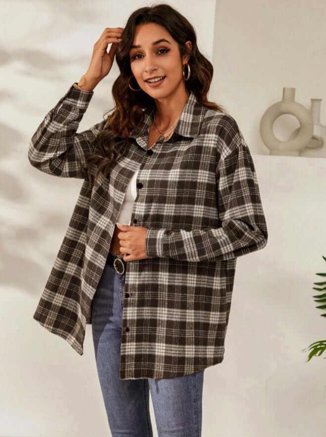 woman wearing long sleeve plaid women's casual jacket with button front and collar