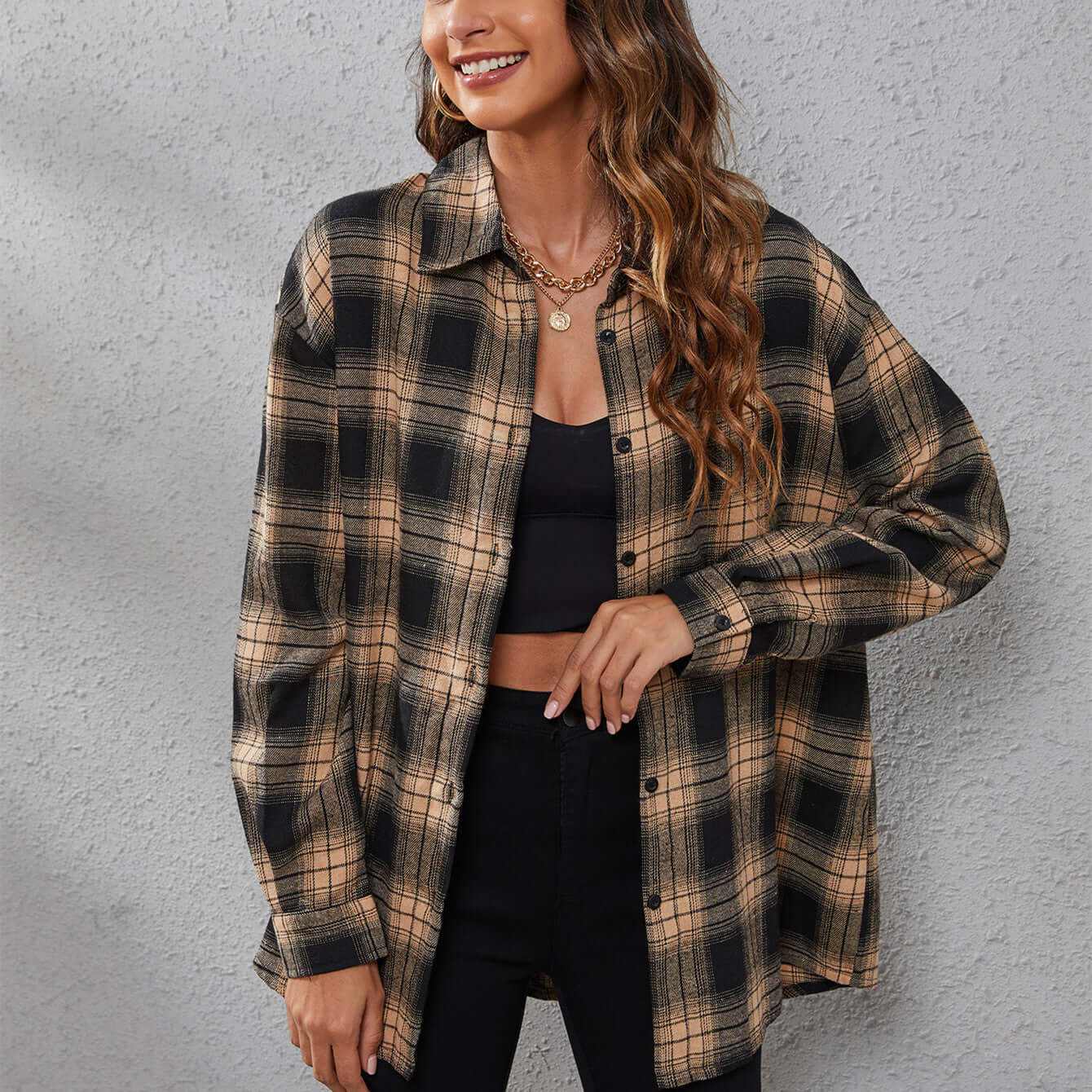 Women's casual long sleeve plaid jacket in black and beige polyester fabric