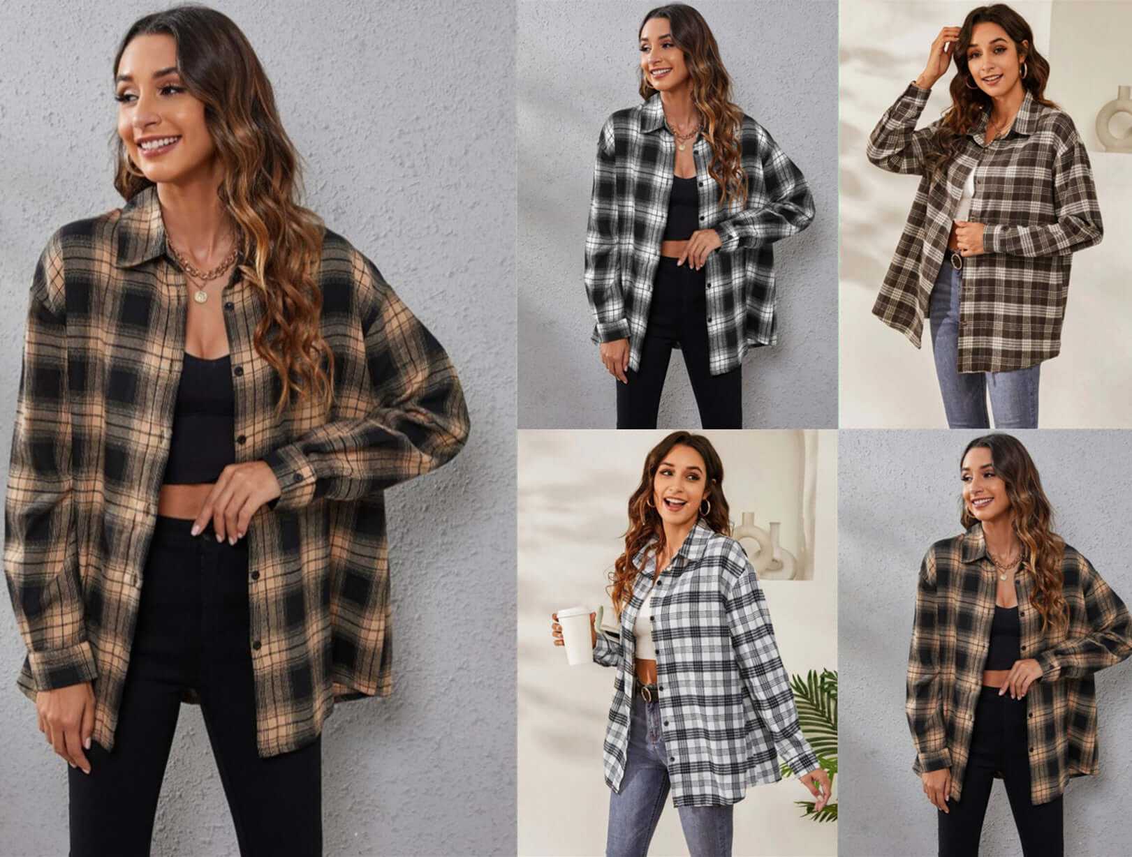 Women wearing casual long sleeve plaid shirts in various colors including black, white, khaki, and brown, styled with casual pants.