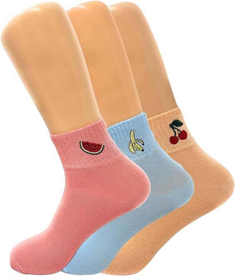 Set of three women's mini crew cotton socks with embroidered fruit designs including watermelon, banana, and cherries, breathable and lightweight.