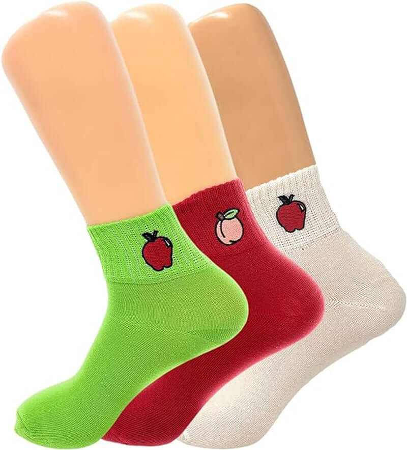 Set of 3 women's mini crew socks with fruit embroidery in green, red, and beige, breathable cotton blend