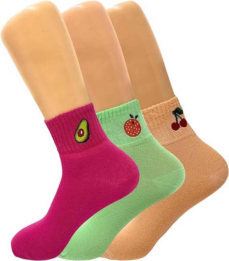 Set of three women's mini crew cotton socks with fruit embroidery, breathable and moisture-wicking.