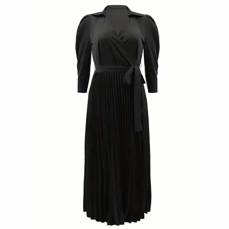 Elegant women's black cross V-neck lapel maxi dress with tie waist and pleated skirt, perfect for casual and formal wear.
