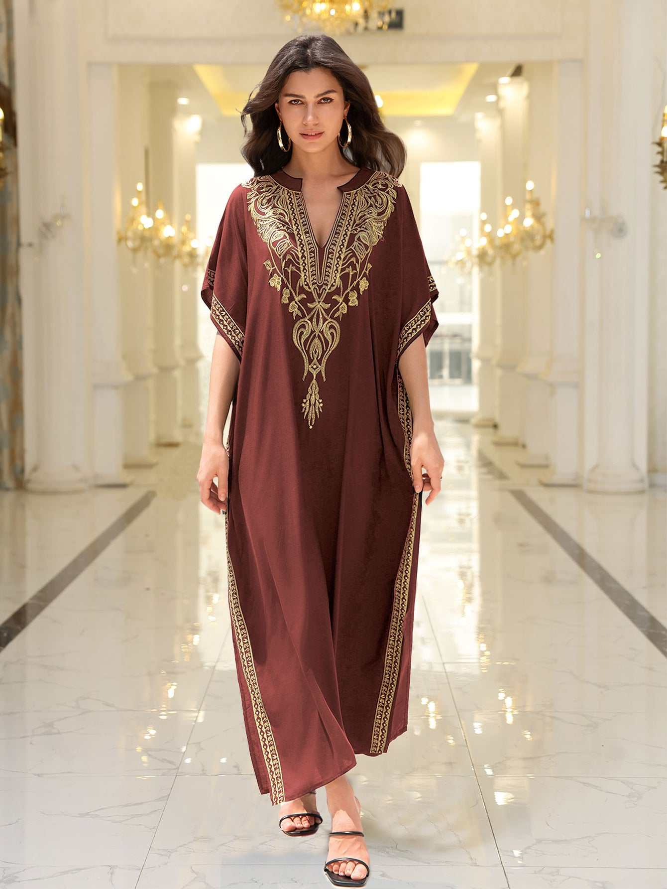 Women’s embroidered rayon cover-up in brown red, featuring intricate embroidery, ideal for sports and casual outings.
