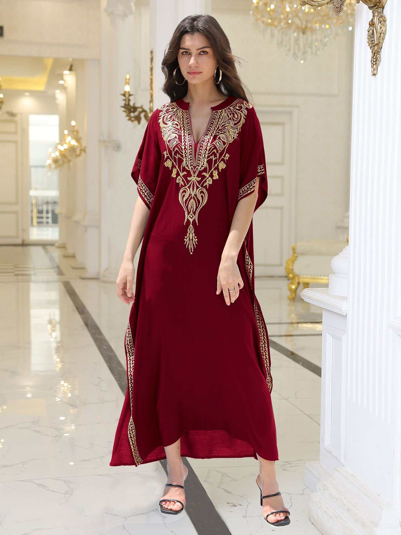 Elegant women's embroidered rayon cover-up in rich maroon, perfect for summer outings and beachwear.