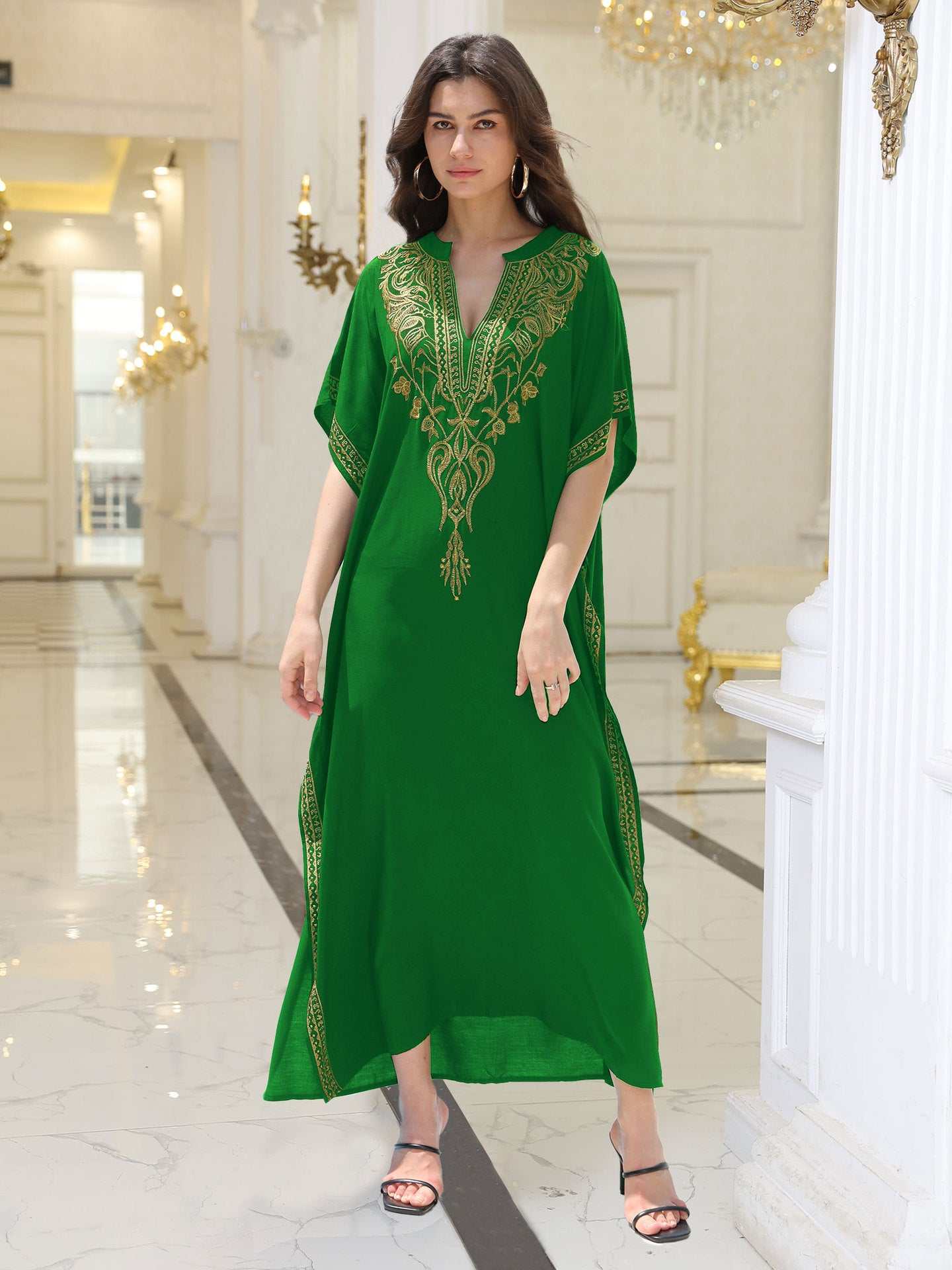 Elegant green women's embroidered rayon cover-up, perfect for summer sports and entertainment. Free size.
