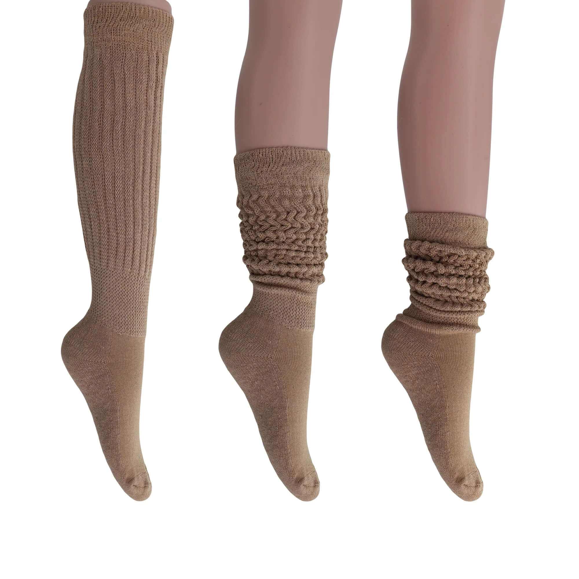 Women's extra long cotton socks in beige shown knee-high, mid-slouch, and scrunched down styles