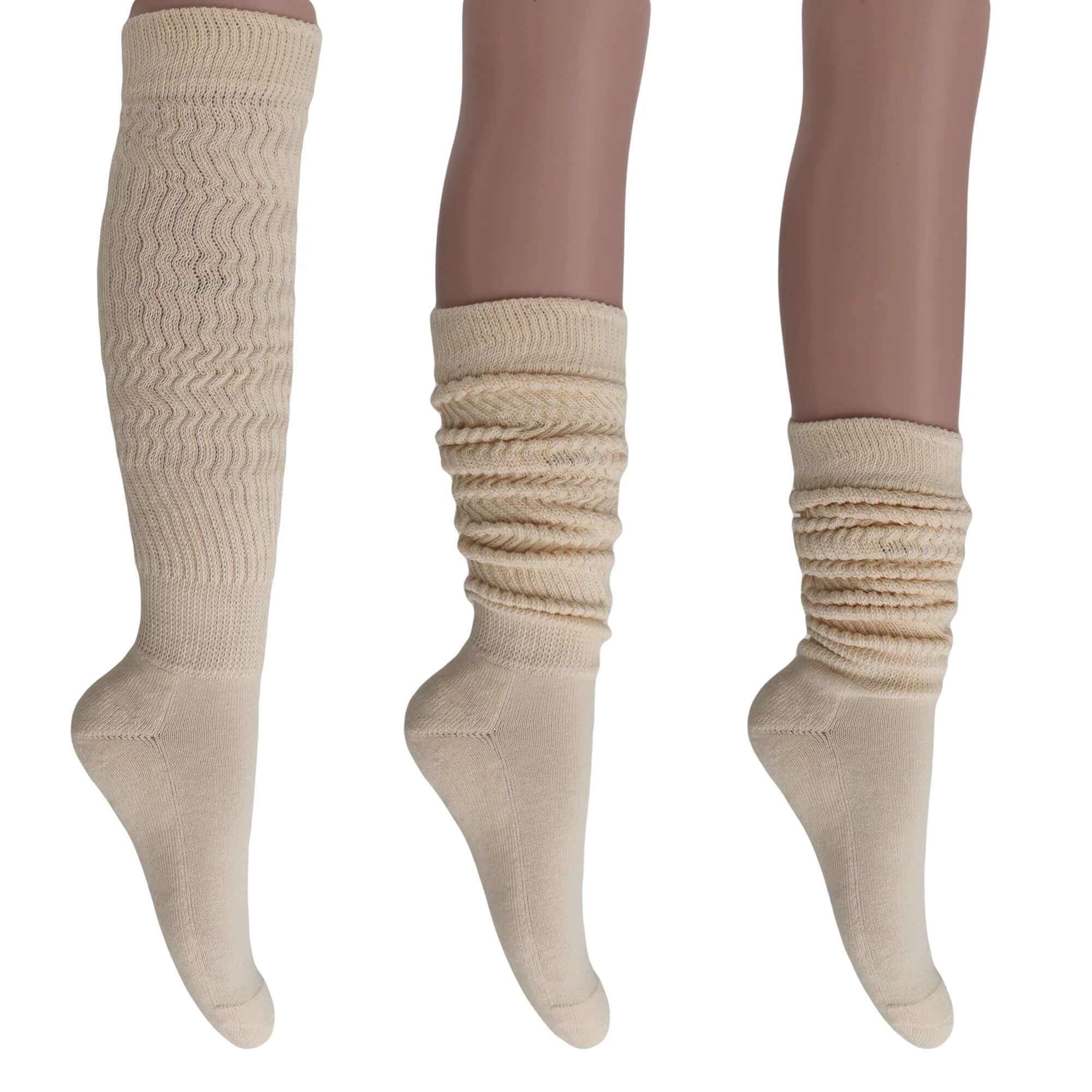 Women's extra long cotton slouch socks in beige shown knee-high and scrunched down, 3 pairs pack