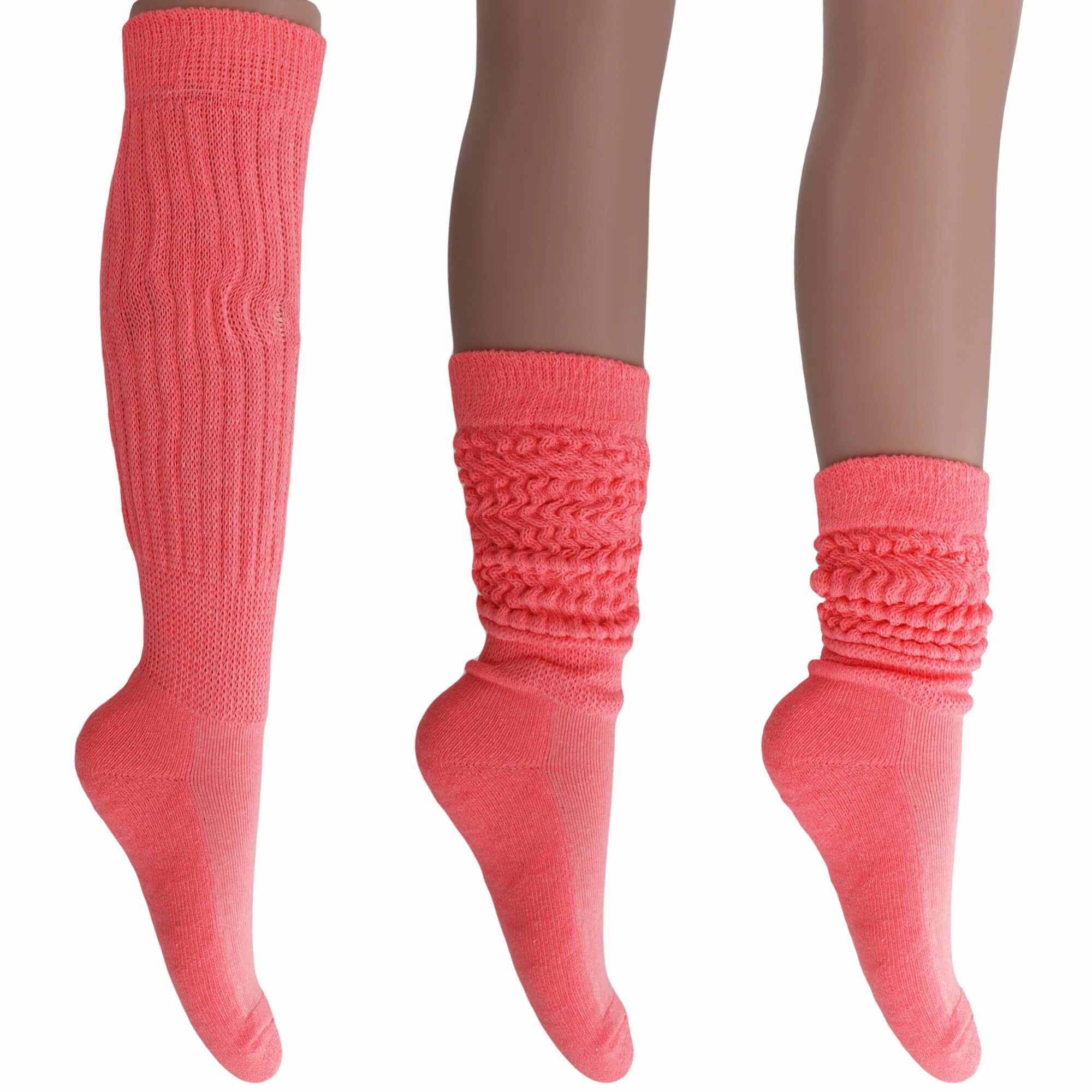 Women’s extra long coral cotton slouch socks shown knee-high and scrunched down in three styles