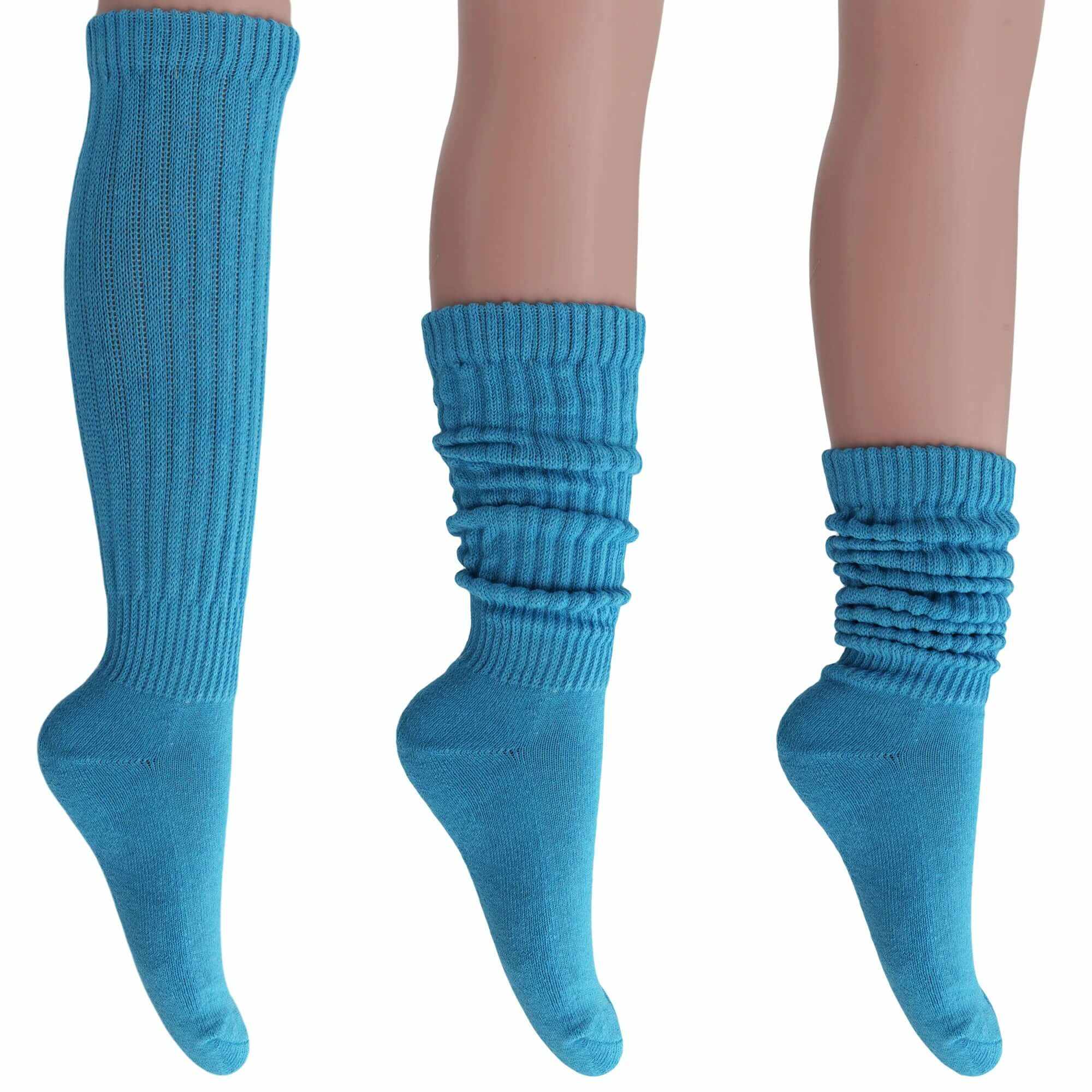 Women’s extra long cotton socks in blue shown knee-high, slouched mid-calf, and scrunched ankle-length styles.