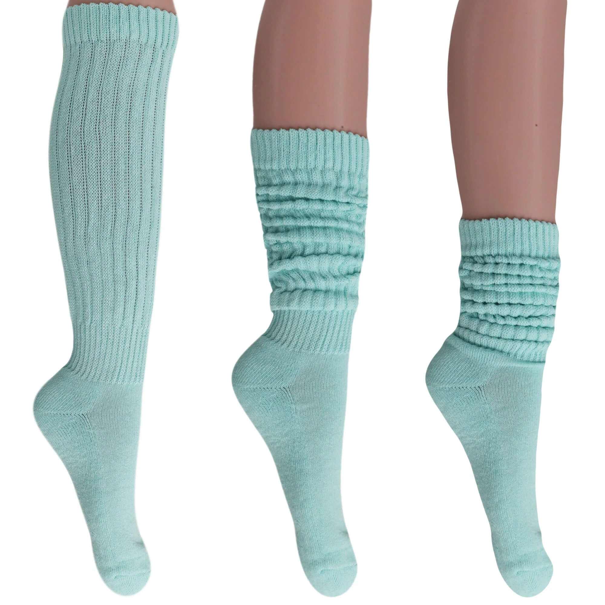 Three pairs of women's extra long cotton slouch socks in light blue, shown knee-high and scrunched down styles.
