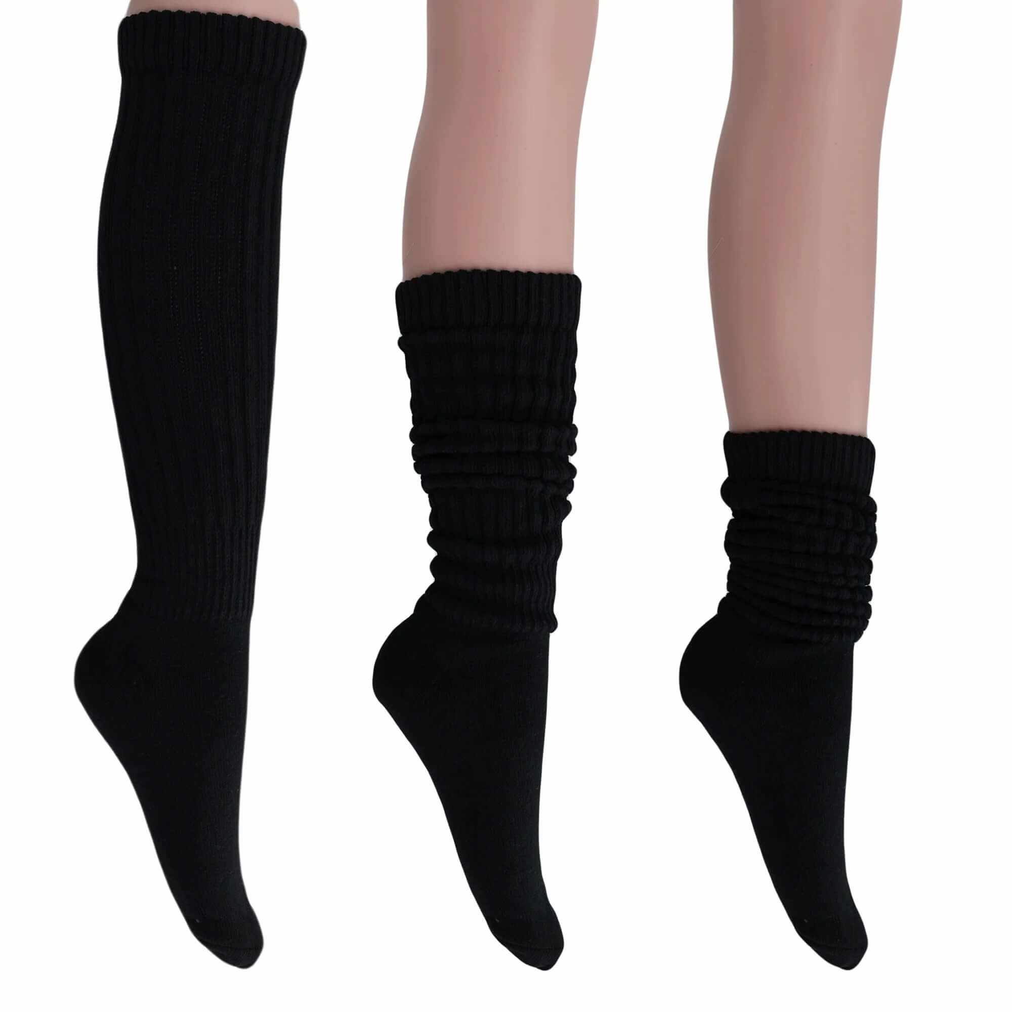 Three pairs of women's extra long black cotton slouch socks in knee-high, mid-slouch, and ankle scrunched styles