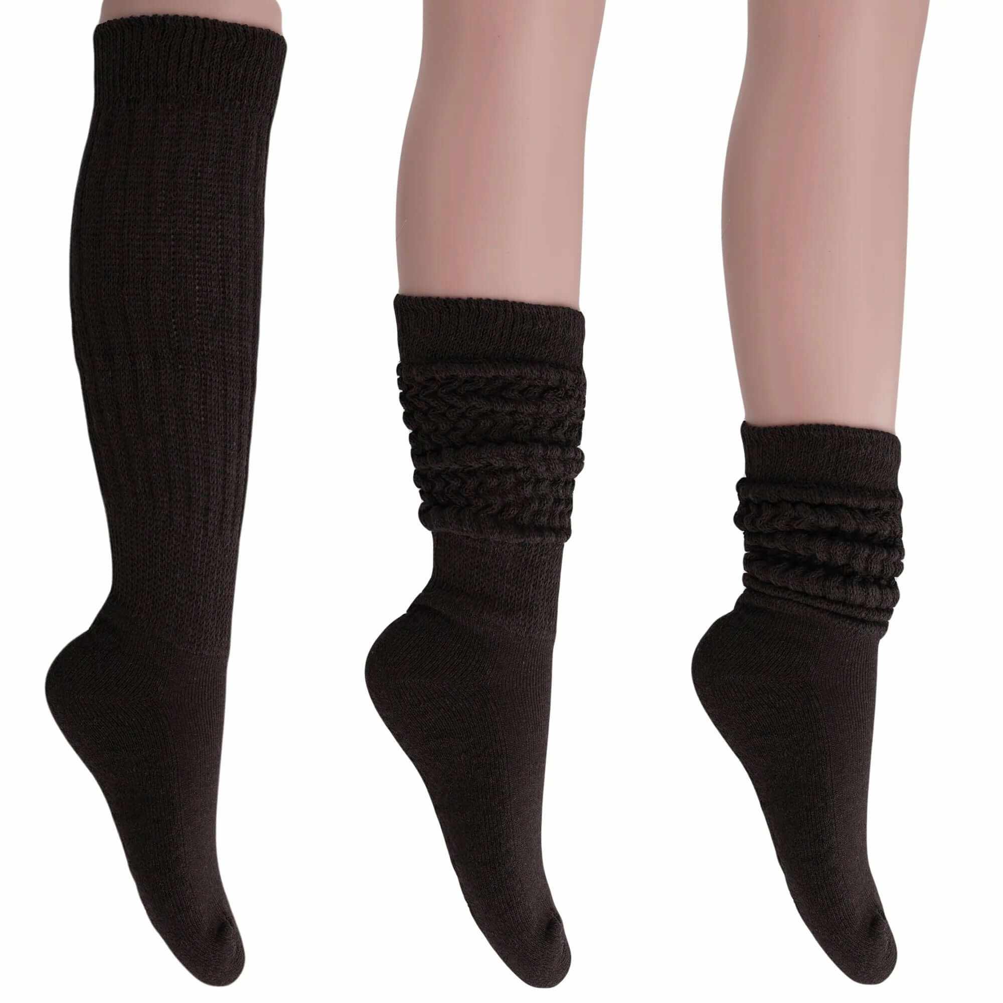 Three pairs of women's extra long black cotton slouch socks shown knee-high and scrunched down styles