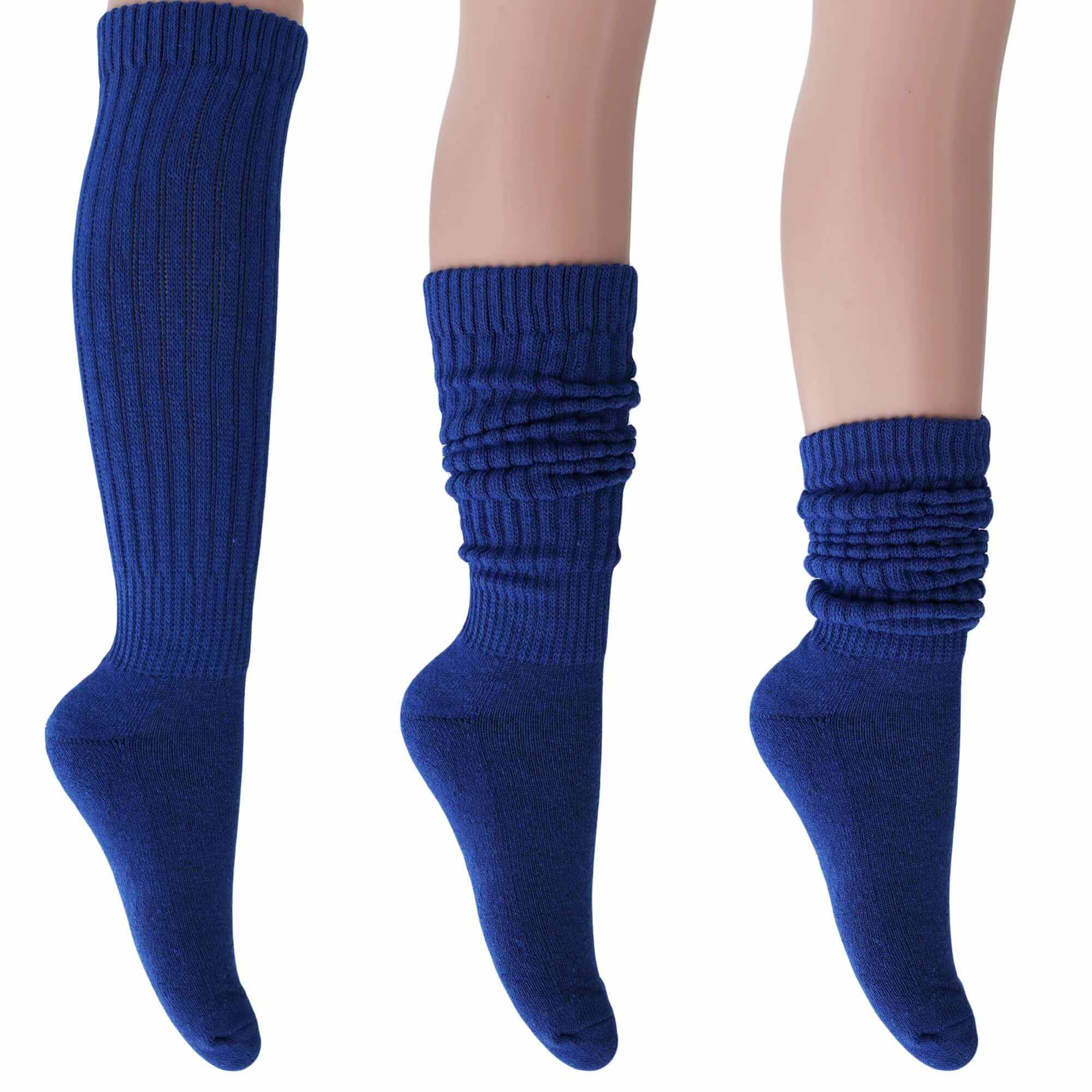 Women’s extra long cotton slouch socks in blue shown knee-high, half scrunched, and fully scrunched styles