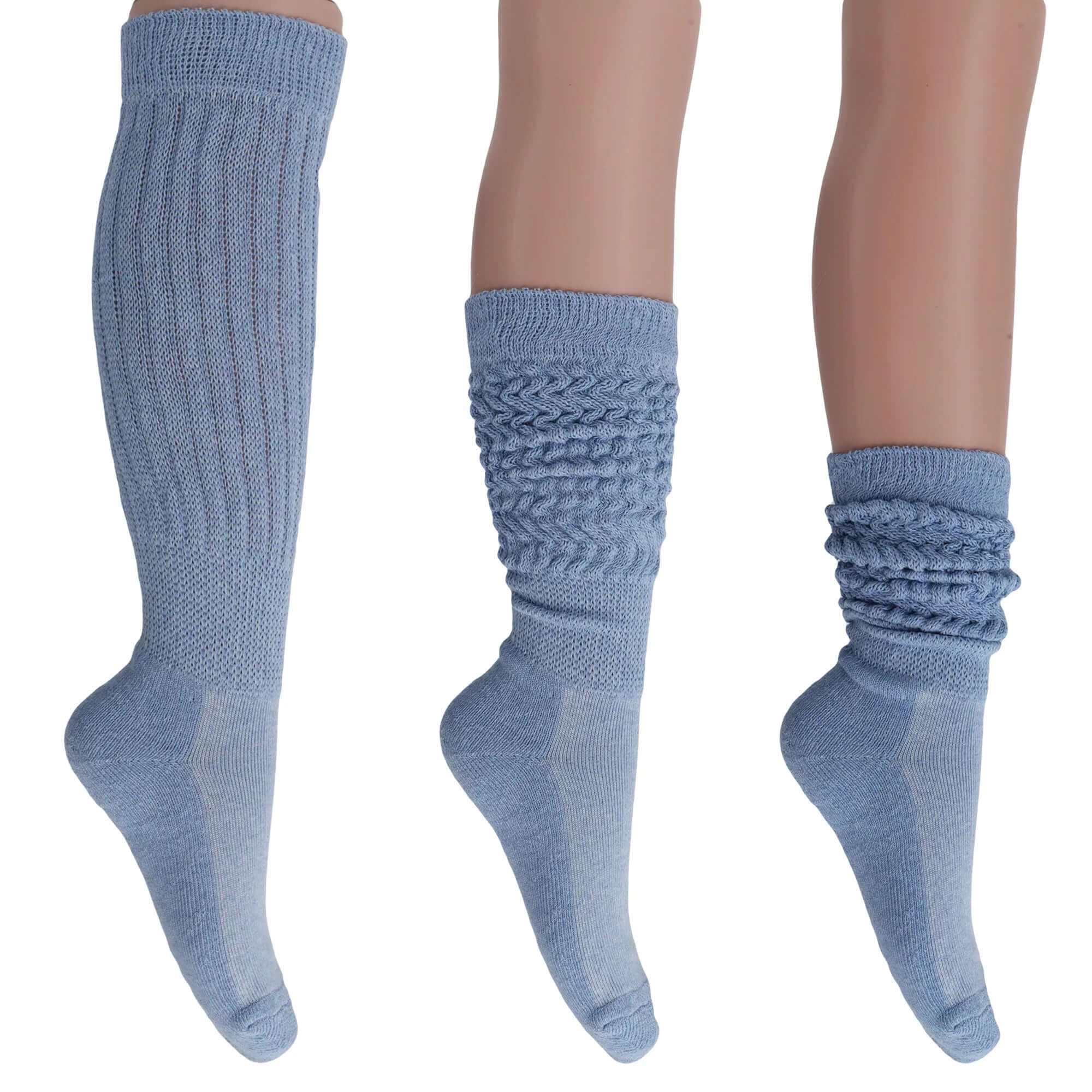 Women’s extra long blue cotton slouch socks in knee-high, scrunched mid-calf, and ankle styles