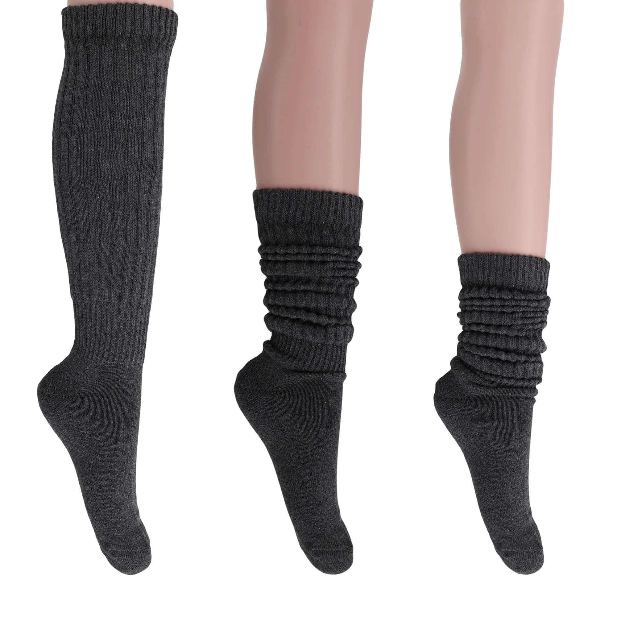 Women's extra long cotton socks in dark gray, shown knee-high and slouched, soft breathable fabric, 3 pairs pack.