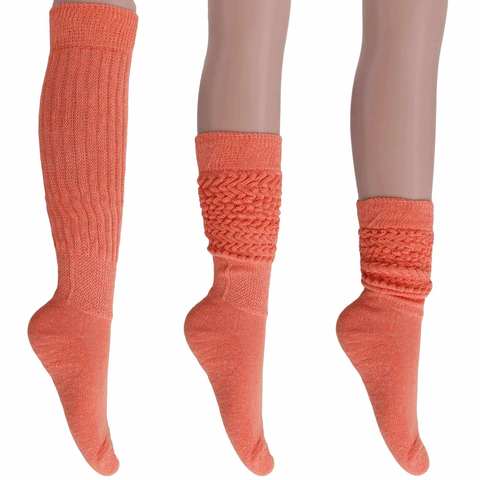 Women’s extra long cotton slouch socks in coral, shown knee-high and scrunched down, soft breathable knit, 3 pairs included
