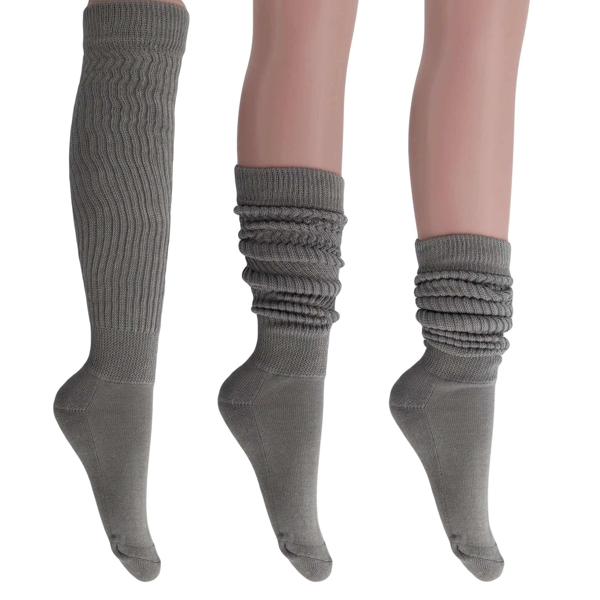 Women’s extra long cotton socks in gray shown worn knee-high and scrunched down with slouchy design for versatile comfort and retro style