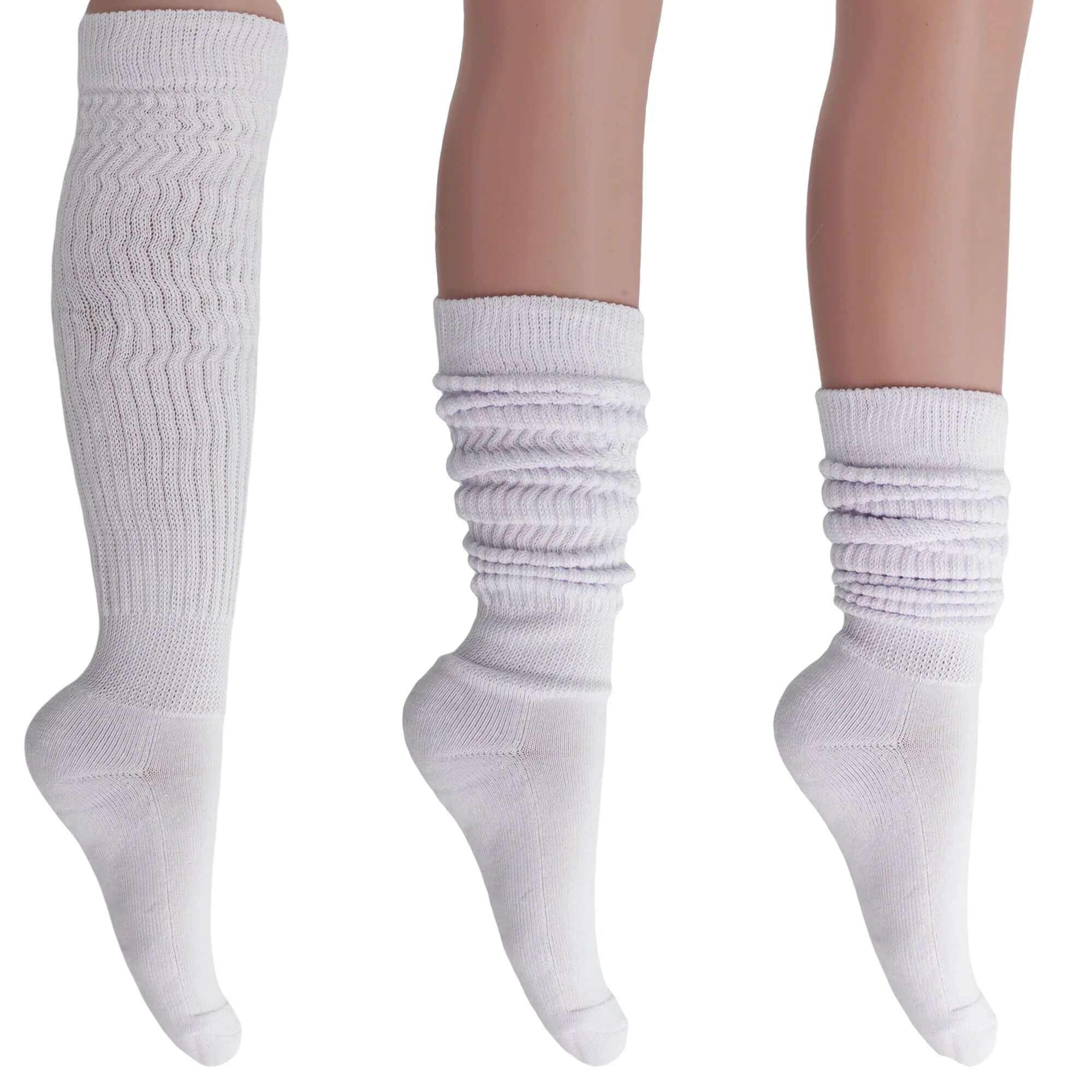 Women’s extra long cotton socks in white, shown knee-high and slouched, soft breathable cotton blend, 3 pairs pack.