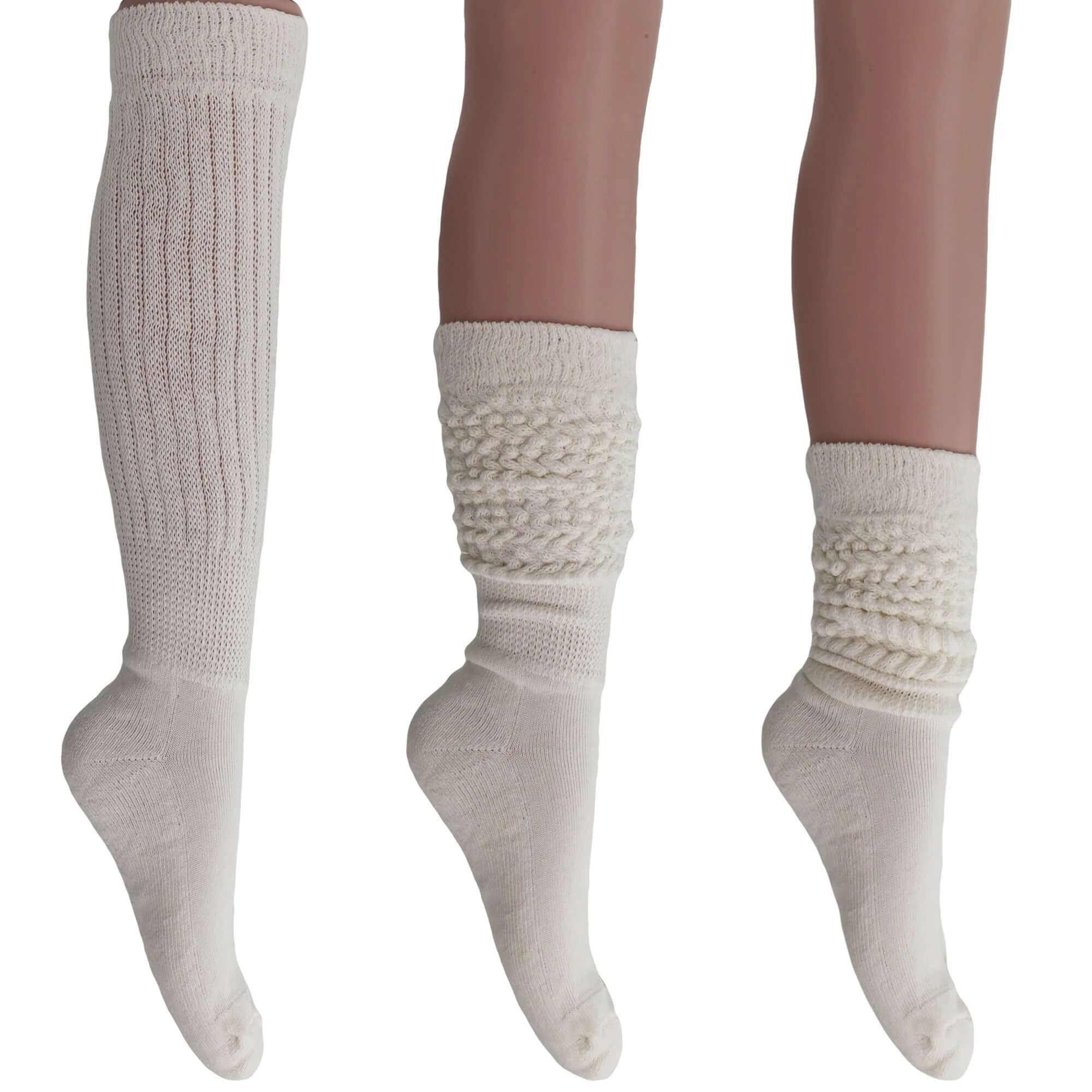 Women’s extra long white cotton slouch socks shown knee-high and scrunched down for casual or retro style, pack of 3 pairs.