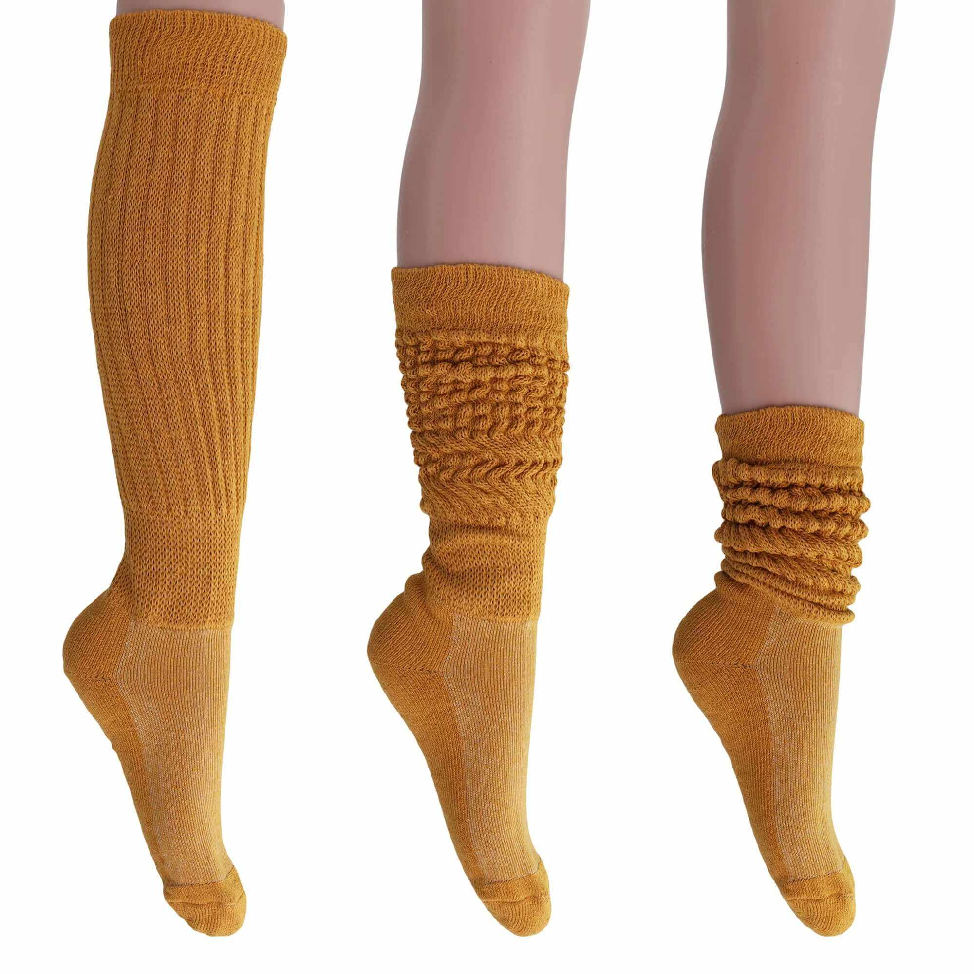 Women's extra long cotton slouch socks in mustard, shown knee-high and scrunched down, soft and breathable for casual and retro style.