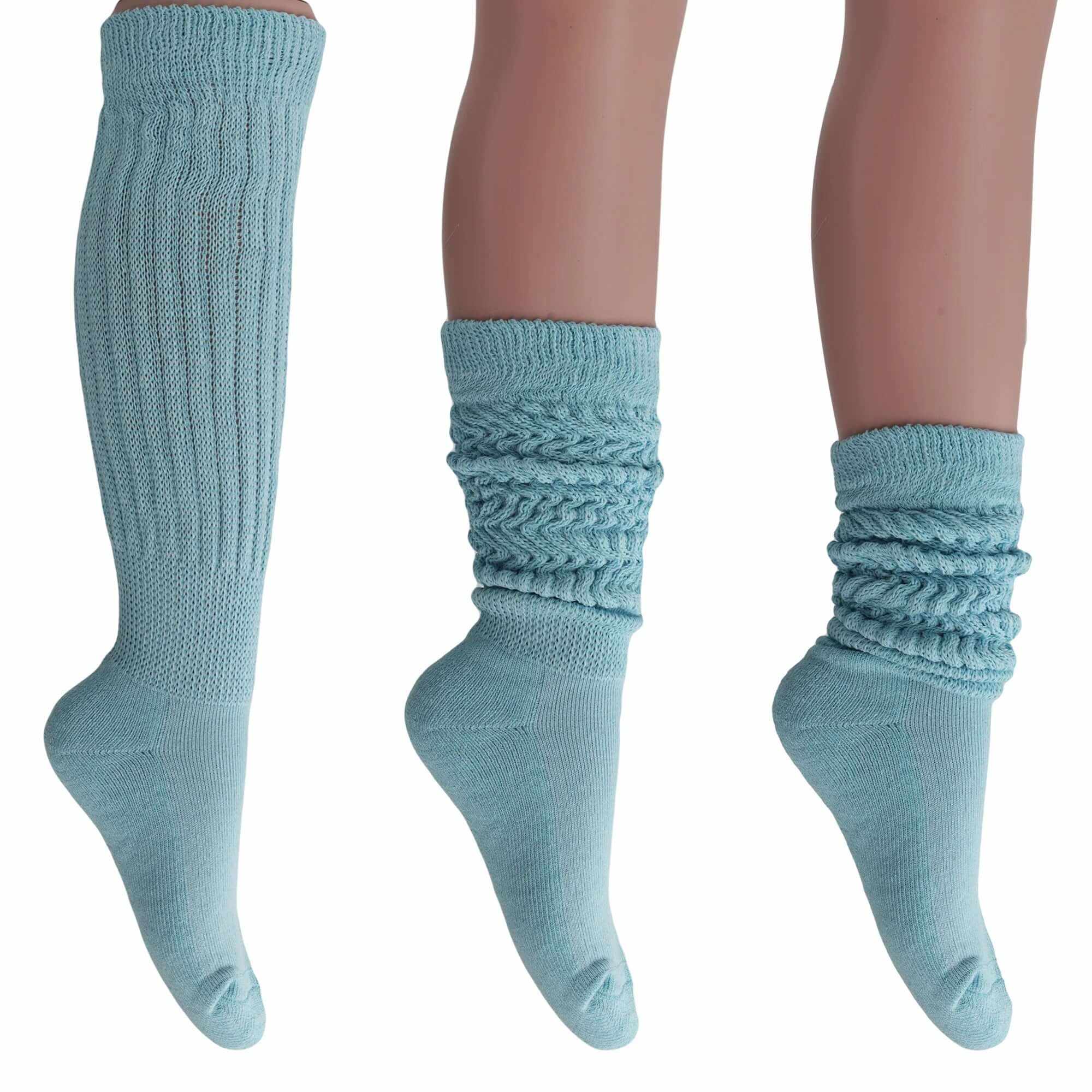 Women’s extra long blue cotton slouch socks shown knee-high and scrunched down in three styles