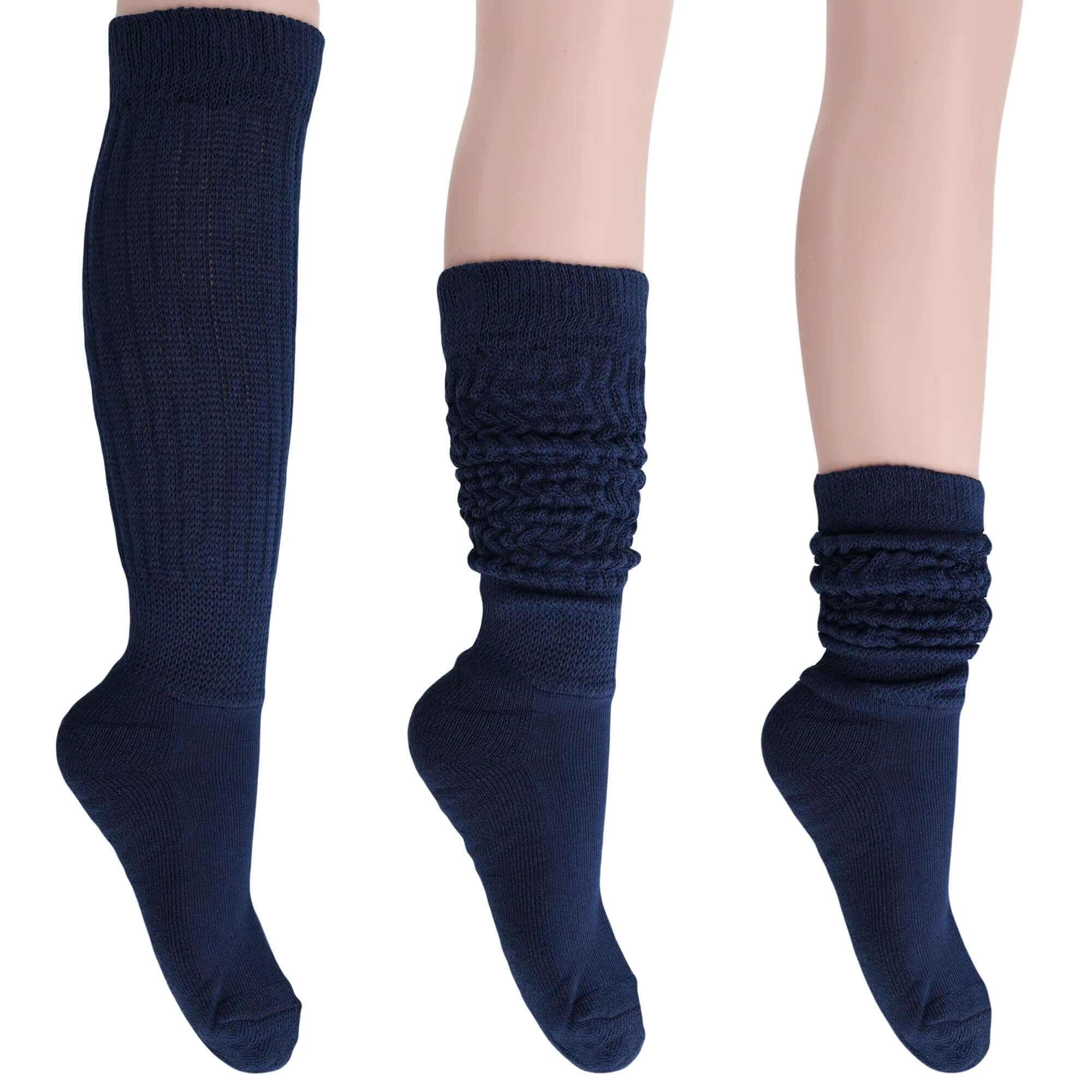 Women’s extra long cotton slouch socks in navy blue shown knee-high and scrunched down, 3 pairs pack for casual and retro style