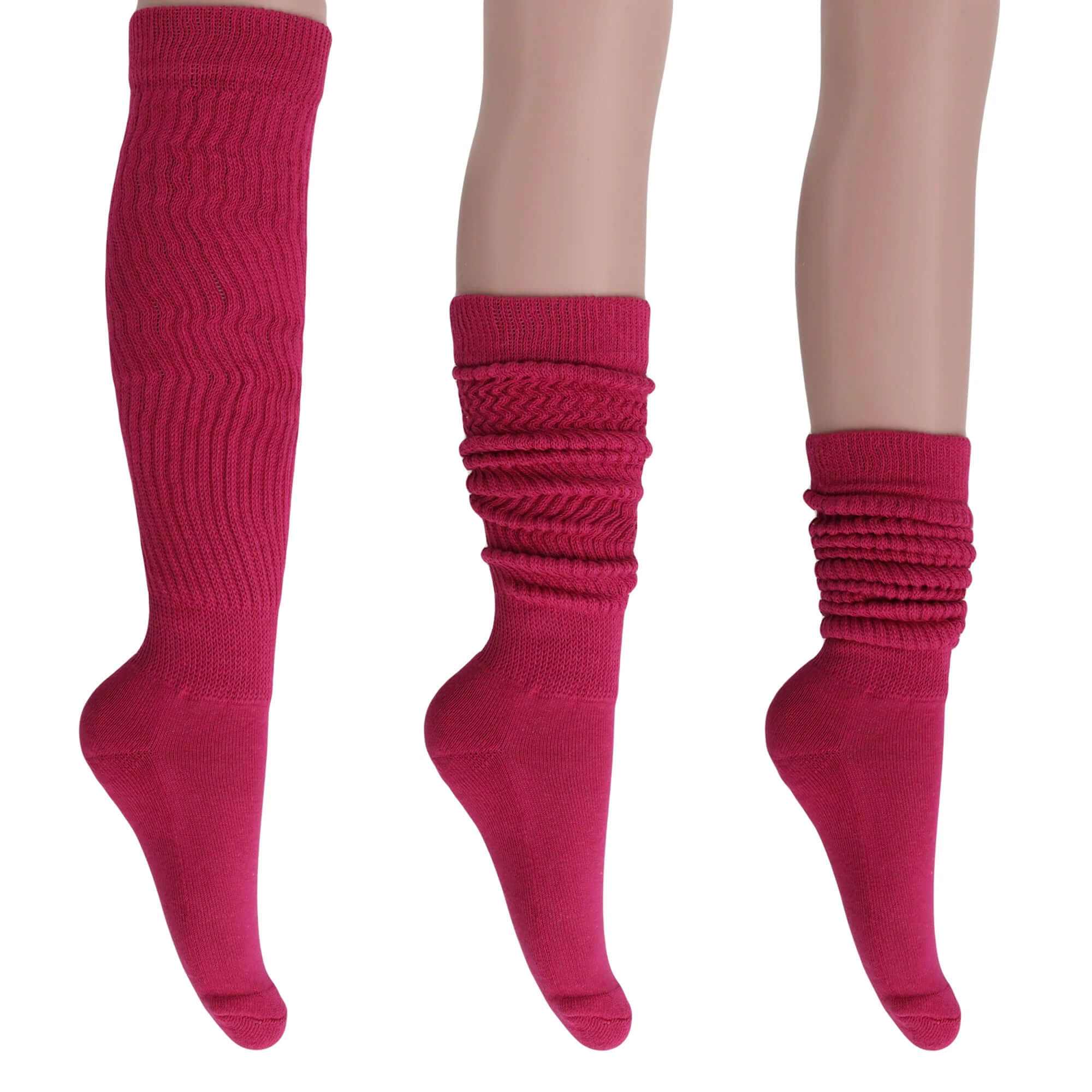 Women’s extra long red cotton slouch socks shown knee-high, scrunched mid-calf, and ankle length, soft breathable fabric